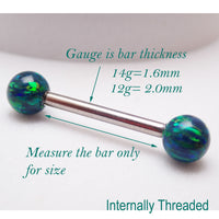 Galaxy green fire opal titanium nipple ring with 5mm opal balls in 14g and 12g body jewelry by Body Clickers.
