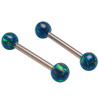 Galaxy green fire opal titanium nipple ring with 5mm opal balls, body jewelry in 14g and 12g gauges by Body Clickers Body Jewelry