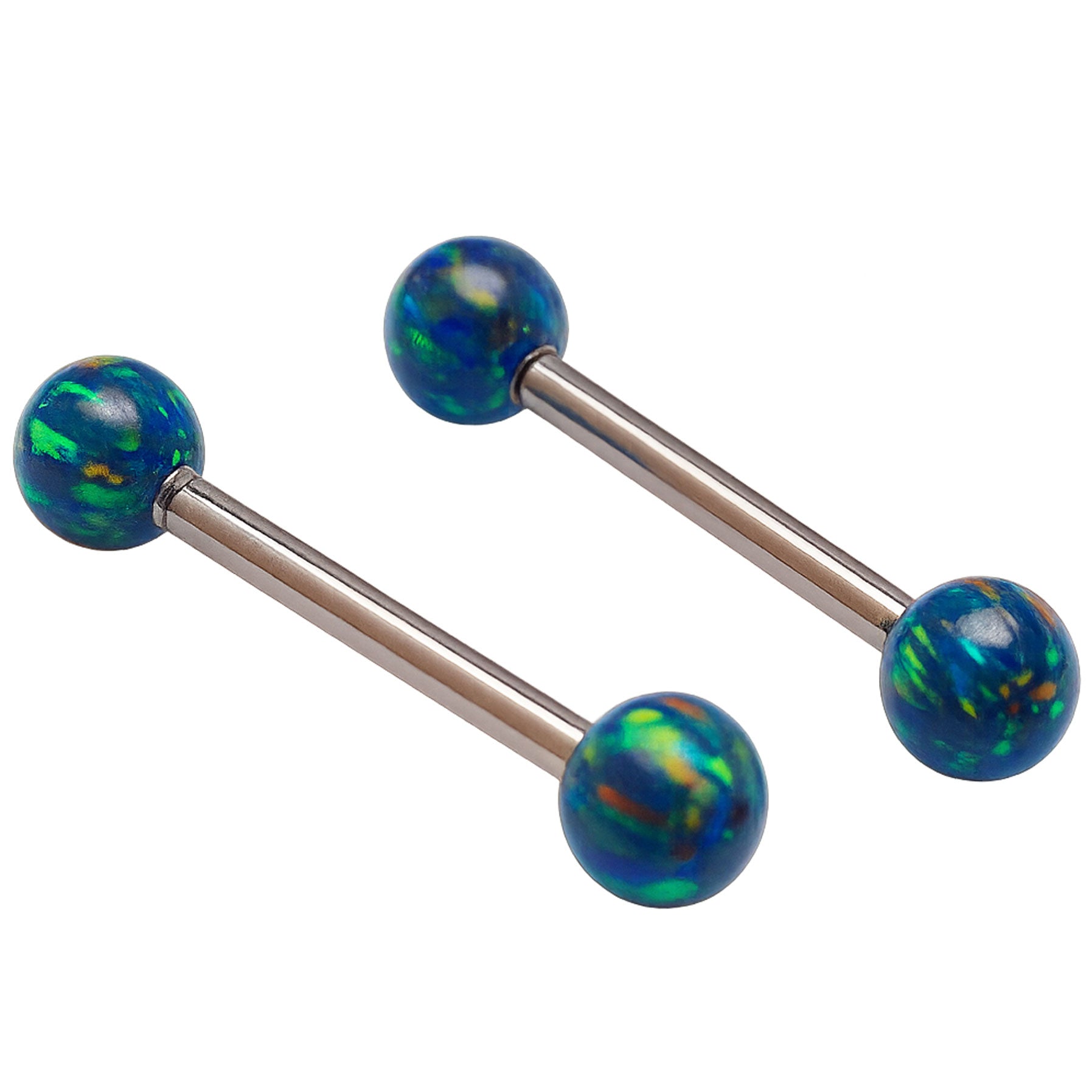 Galaxy green fire opal titanium nipple ring with 5mm opal balls, body jewelry in 14g and 12g gauges by Body Clickers Body Jewelry
