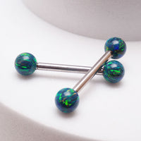 Galaxy green fire opal titanium nipple ring with 5mm opal balls, available in 14g and 12g body jewelry.