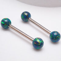 Galaxy green fire opal titanium nipple ring with 5mm opal balls, 14g and 12g body jewelry from Body Clickers Body Jewelry