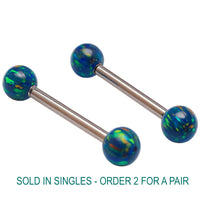Pair of galaxy green fire opal titanium nipple rings in 14g and 12g by Body Clickers Body Jewelry, showcasing vibrant green gemstones.