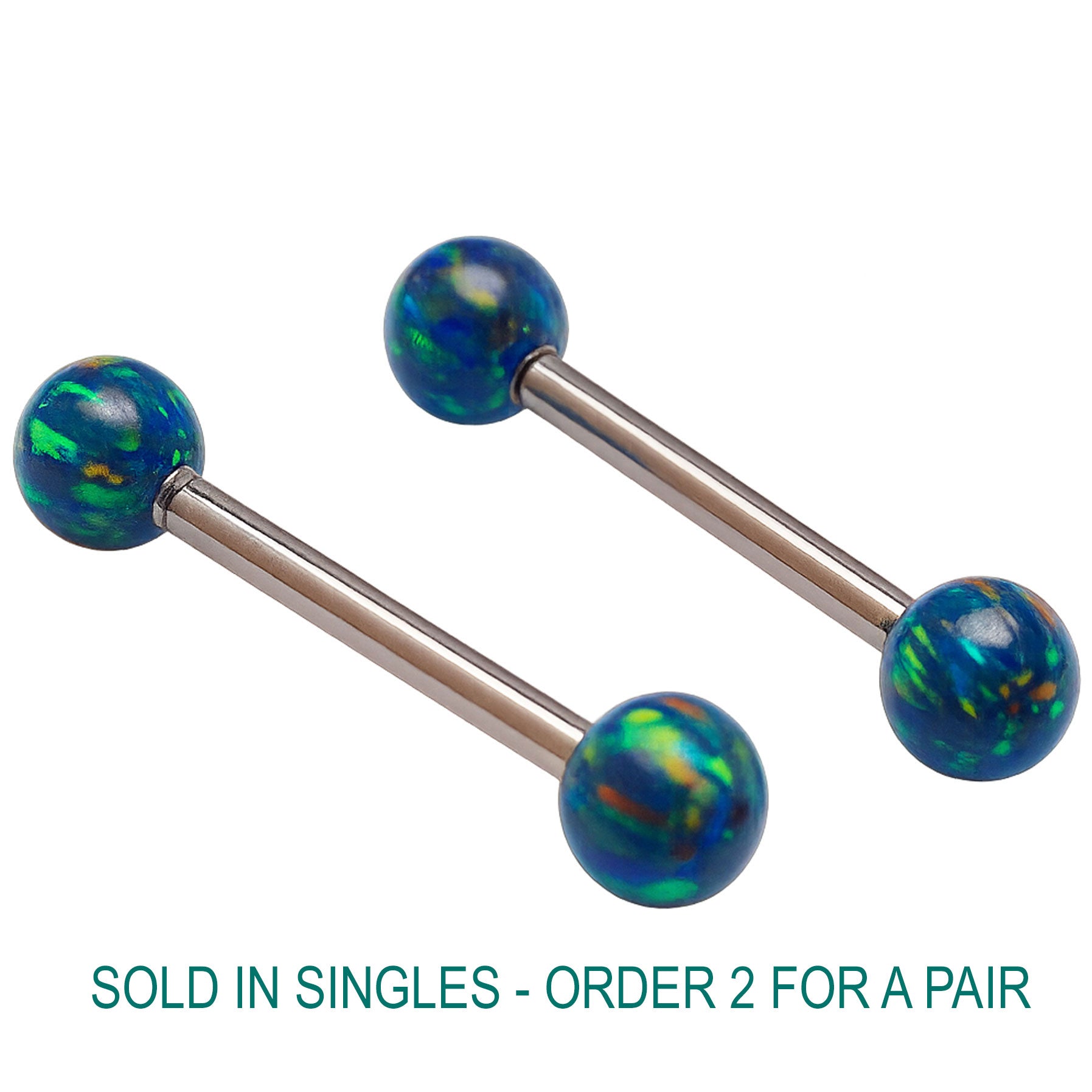 Pair of galaxy green fire opal titanium nipple rings in 14g and 12g by Body Clickers Body Jewelry, showcasing vibrant green gemstones.