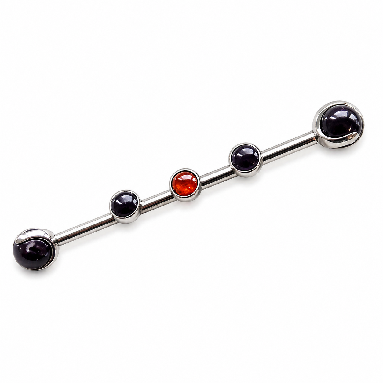Onyx and garnet titanium industrial body jewelry by Body Clickers, 14g gauge, 32mm length, for pierced ears or cartilage.