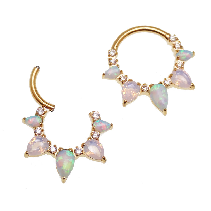 Arctic Glow opal and opalite CZ PVD gold titanium clicker piercing for body jewelry, featuring sparkling gemstones and sleek design.