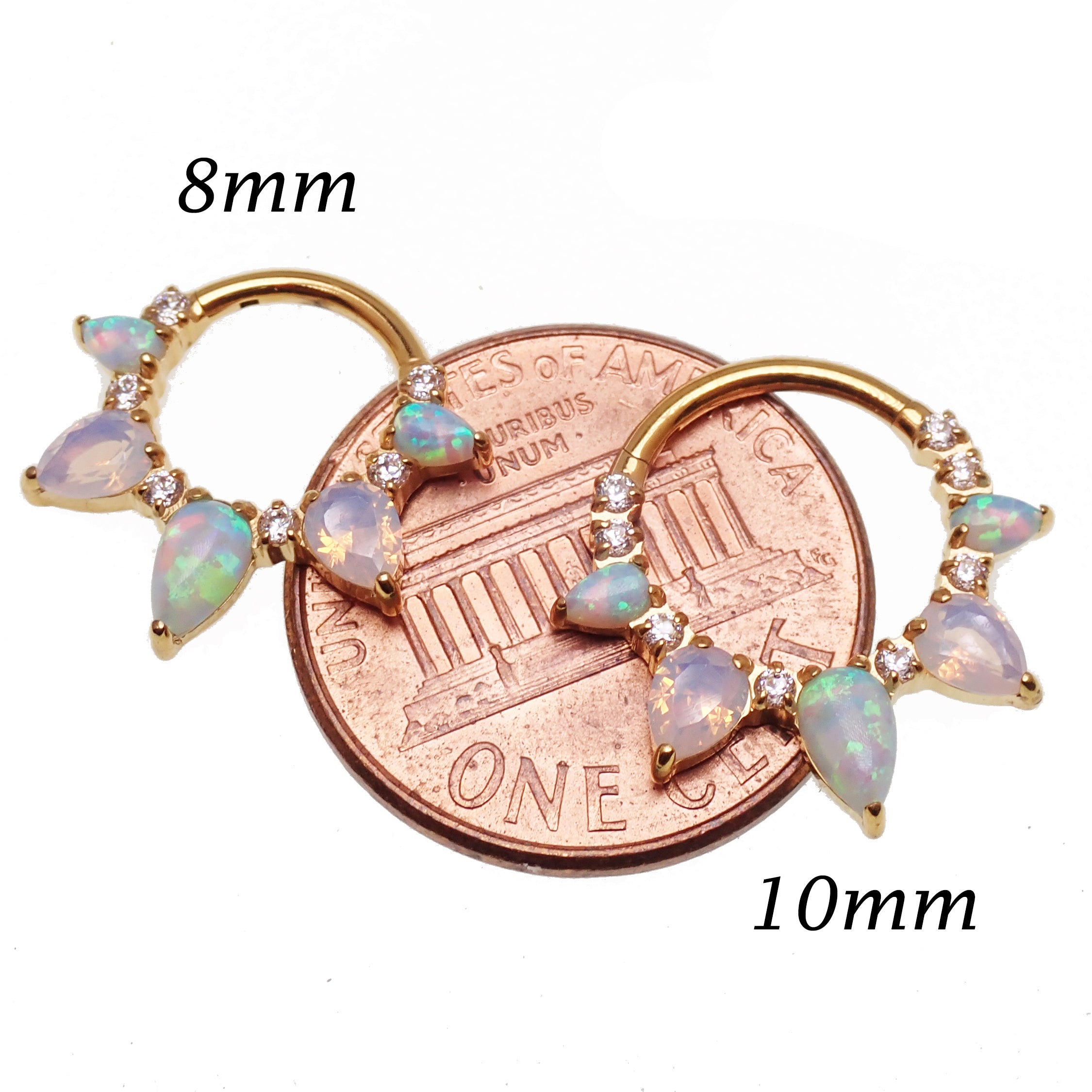 Arctic Glow opal and opalite CZ PVD gold titanium clicker piercing body jewelry with 8mm stones and sleek gold finish.