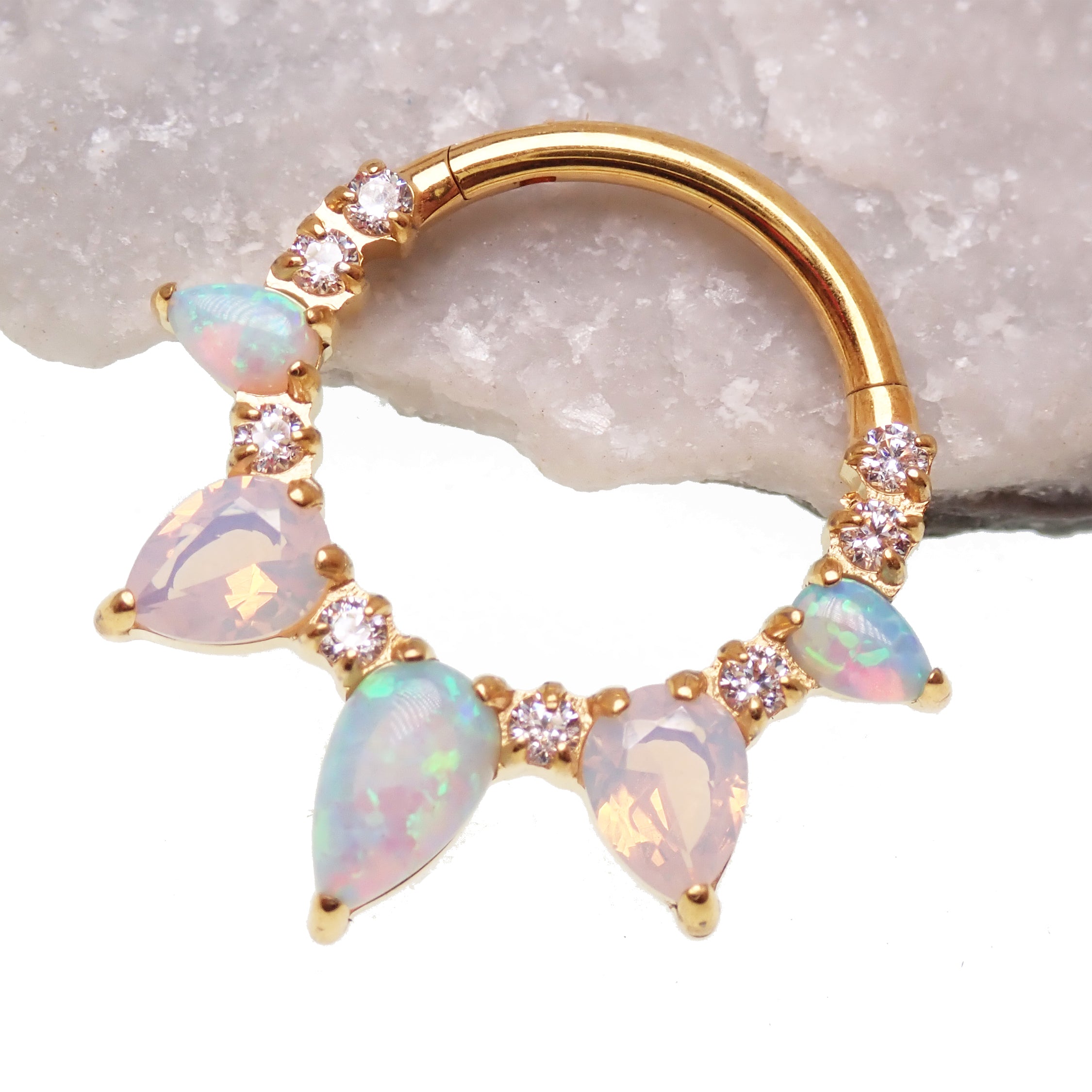 Arctic Glow opal and opalite CZ gold titanium clicker piercing for body jewelry, featuring vibrant gemstones and sleek gold finish.