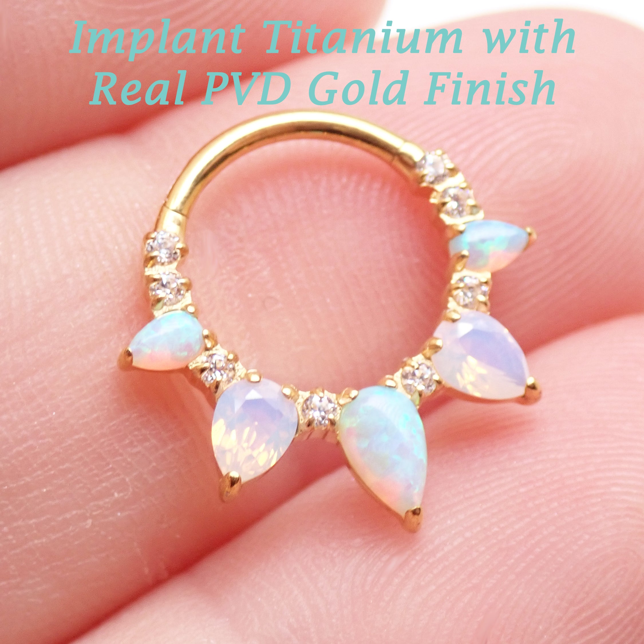 Arctic Glow opal and opalite CZ gold titanium clicker piercing, body jewelry with sparkling gemstones and sleek gold finish.
