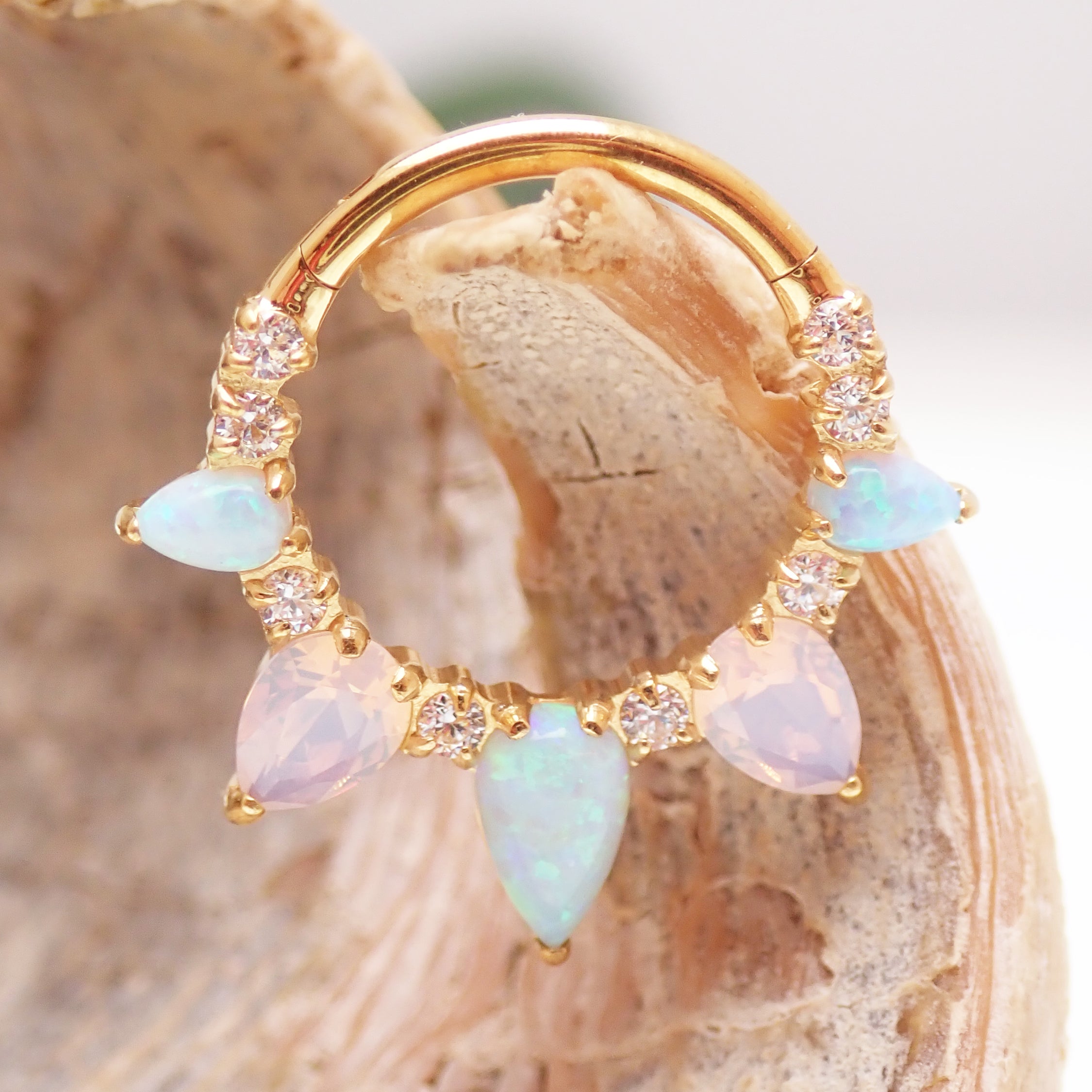 Arctic Glow opal and opalite CZ gold titanium clicker piercing, body jewelry with vibrant gemstone accents and sleek design