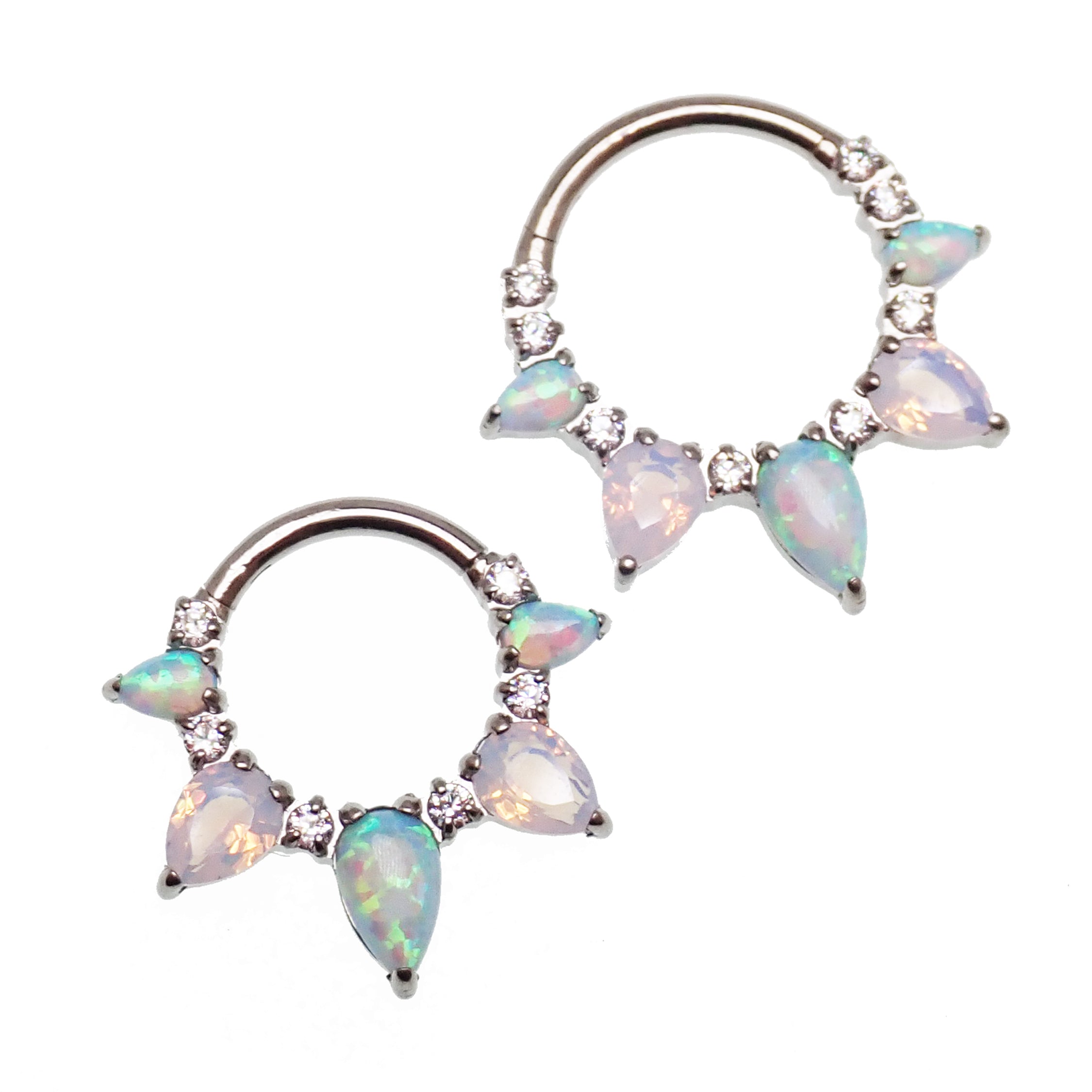 Arctic Glow opal and opalite CZ titanium clicker piercing in 16g body jewelry with 8mm diameter, by Body Clickers Body Jewelry.