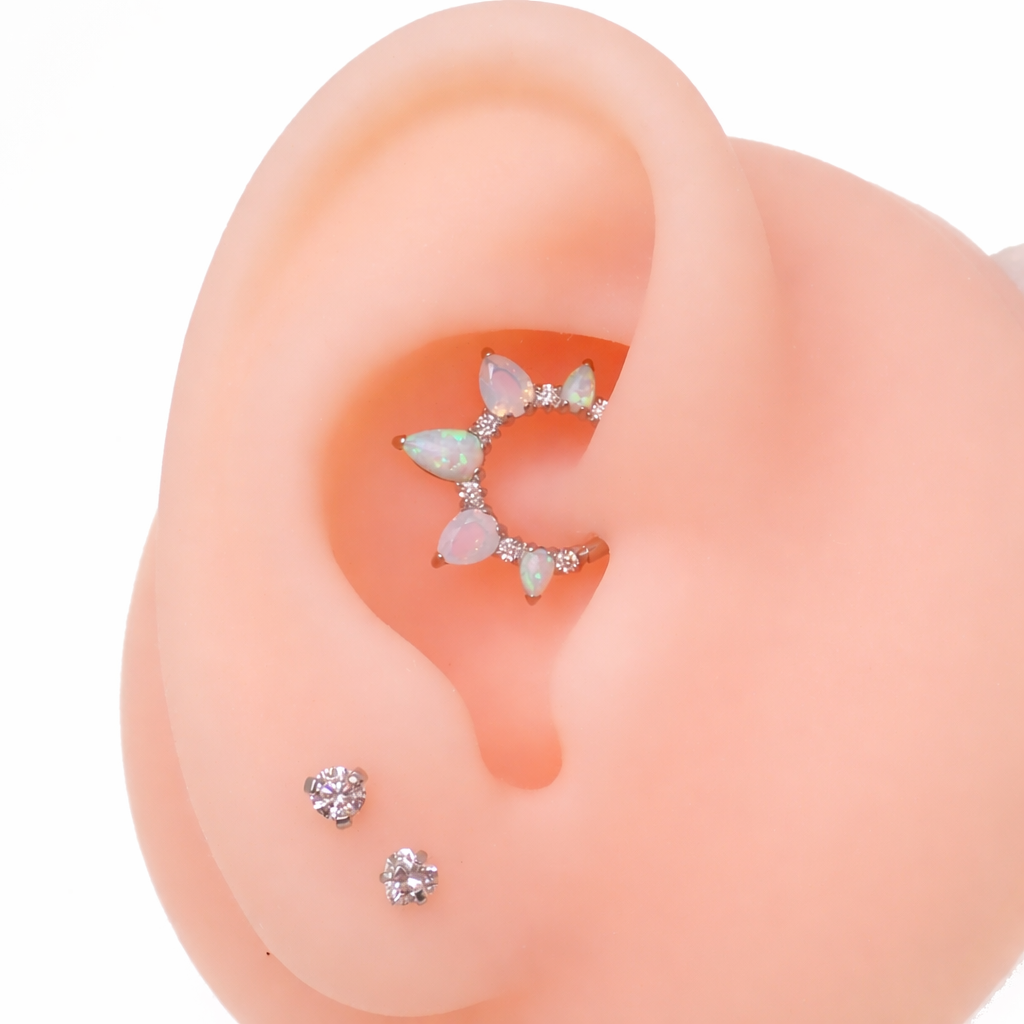 Arctic Glow Opal and Opalite CZ titanium clicker body jewelry piercing, 16g, with sparkling gemstones and sleek titanium finish.