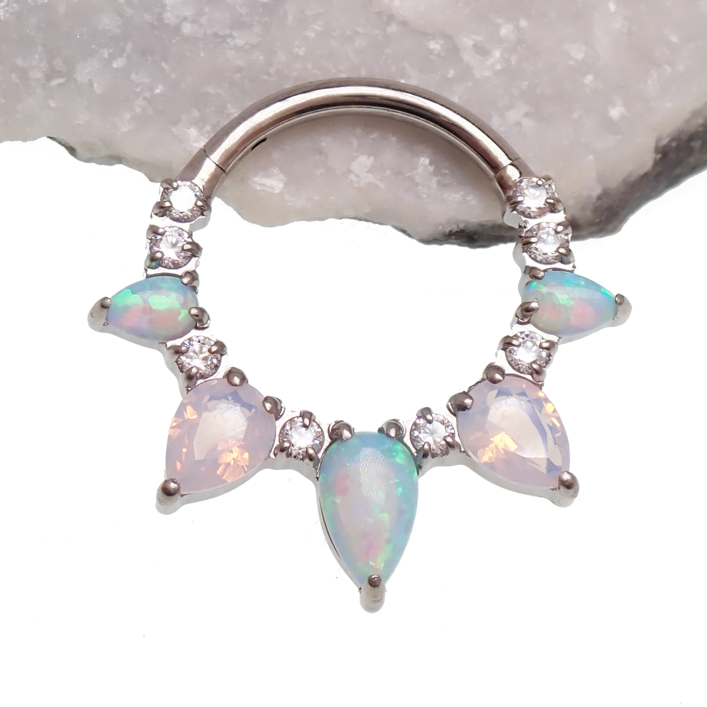 Arctic Glow Opal and Opalite CZ titanium clicker piercing in 16g body jewelry, featuring sparkling gemstones and sleek design.