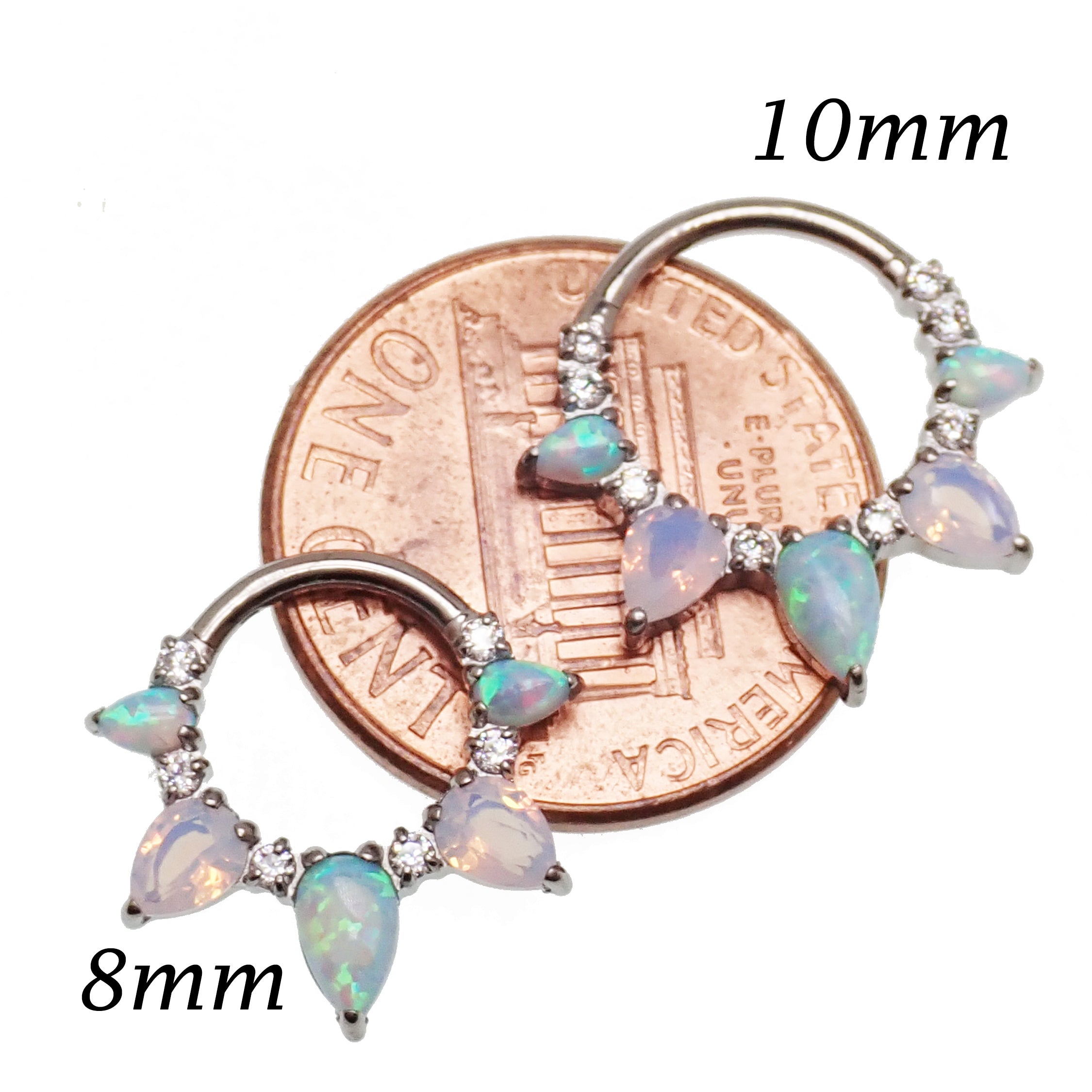 Arctic Glow opal and opalite CZ titanium clicker piercing in 16g body jewelry with an 8mm decorative design