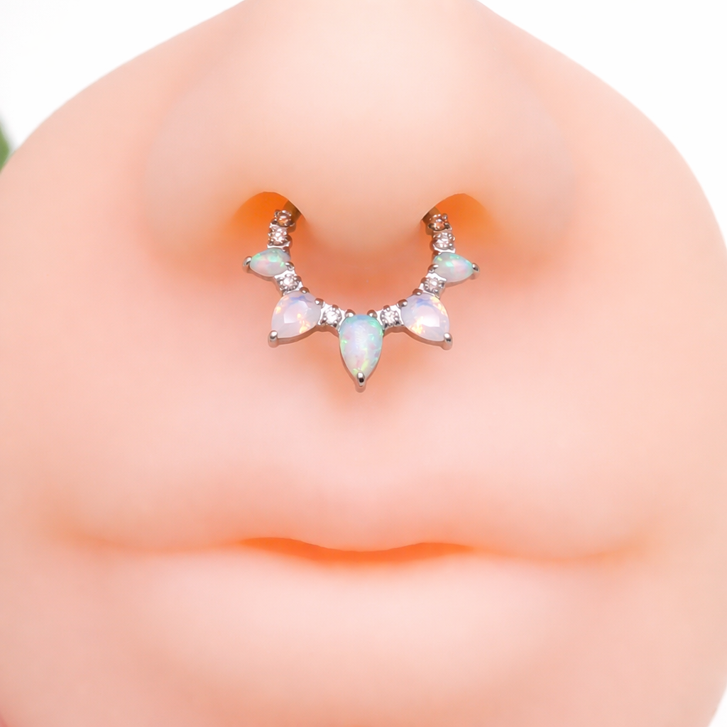 Arctic Glow Opal and Opalite CZ titanium clicker piercing in 16g body jewelry, featuring sparkling gemstones and sleek design.