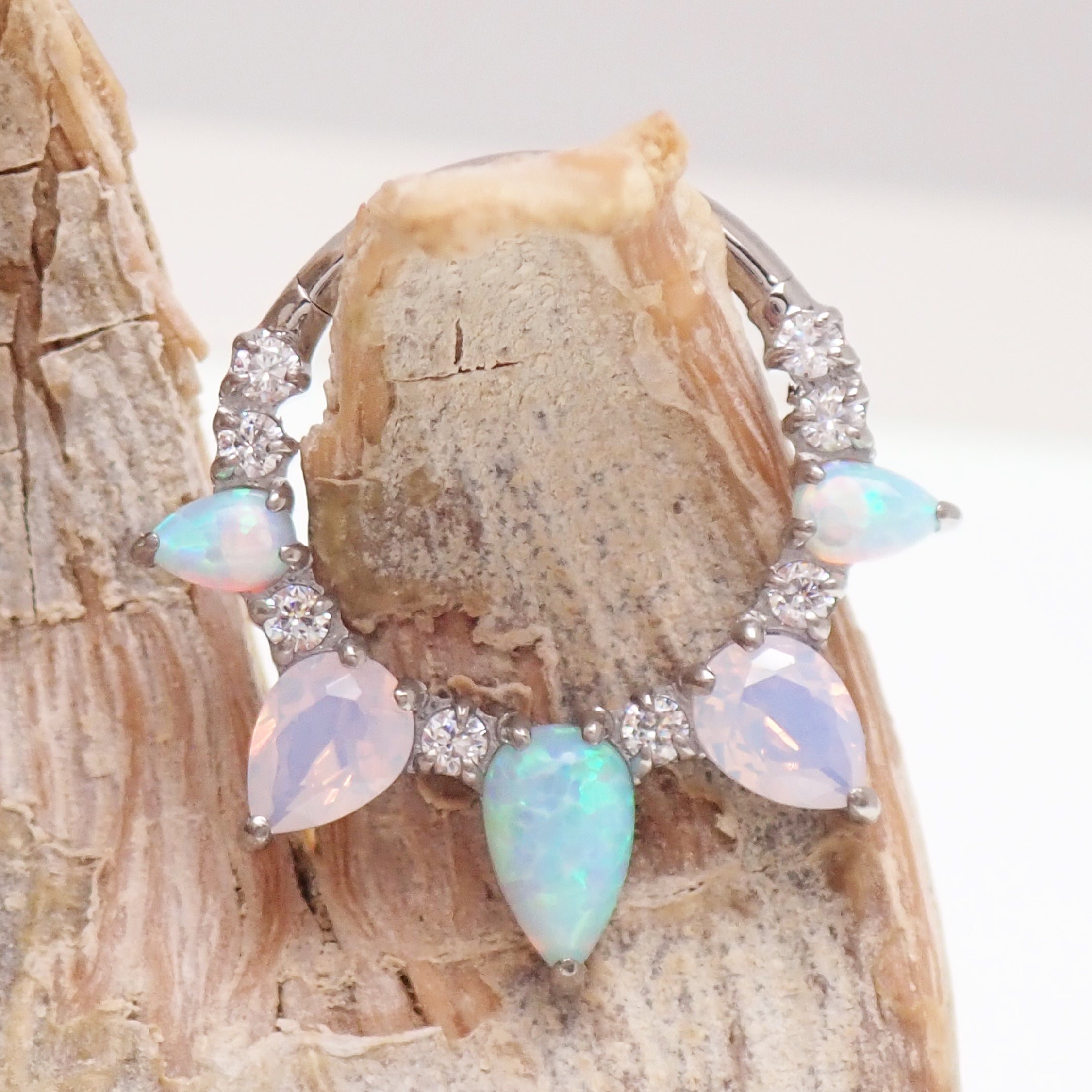 Arctic Glow Opal and Opalite CZ titanium clicker piercing in 16g body jewelry, featuring sparkling stones and sleek design.