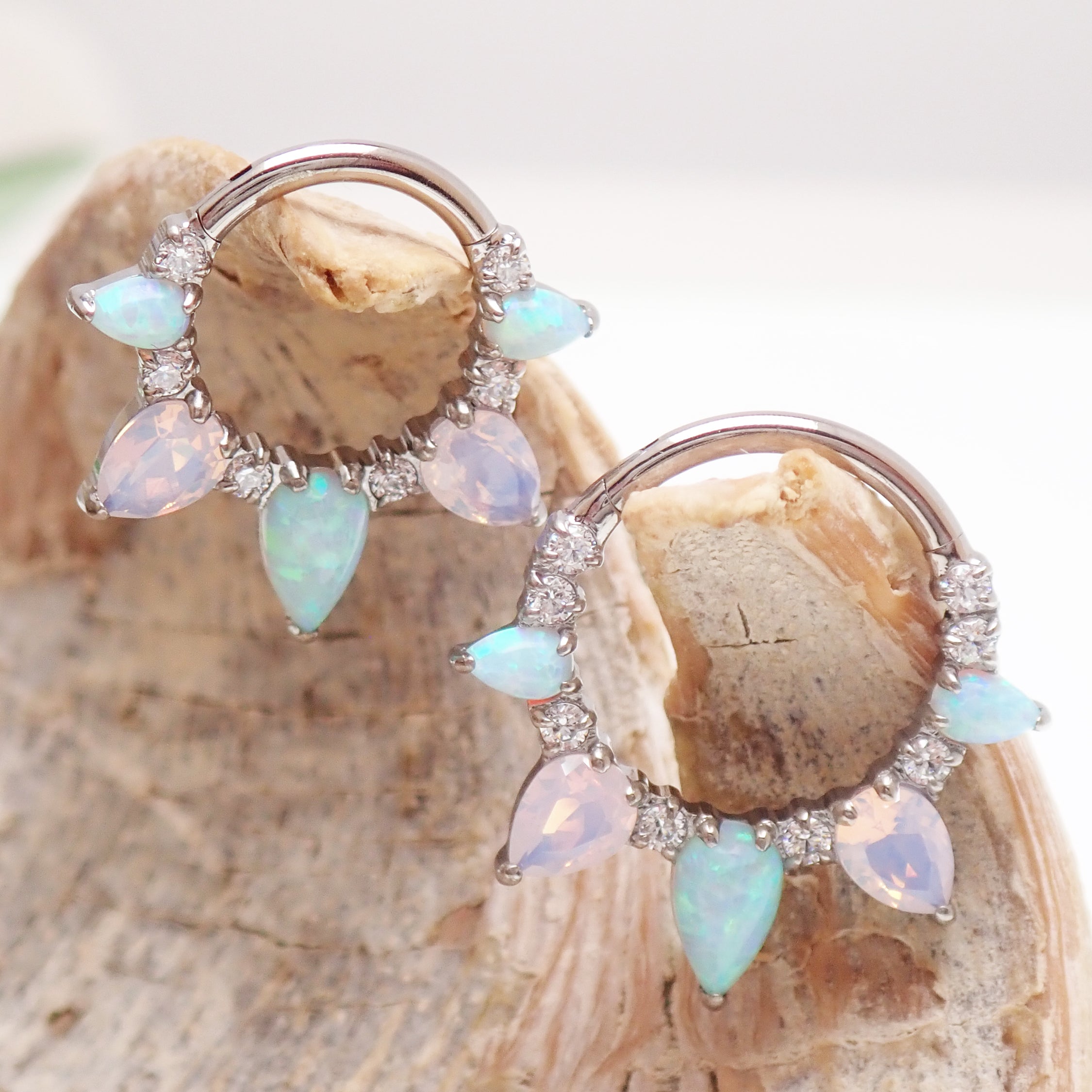 Arctic Glow Opal and Opalite CZ titanium clicker piercing in 16g body jewelry with sparkling gemstones and sleek design.