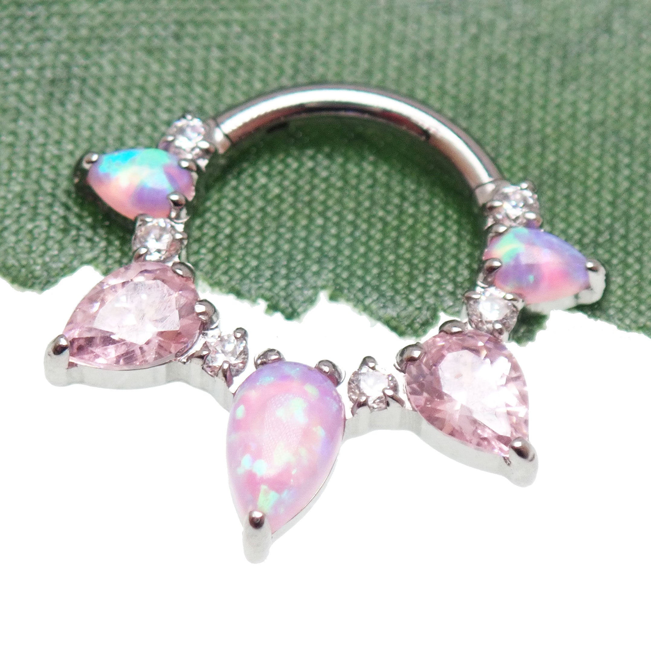 Bubblegum Opal CZ implant titanium clicker piercing in 16g body jewelry with sparkling gemstone and sleek design.