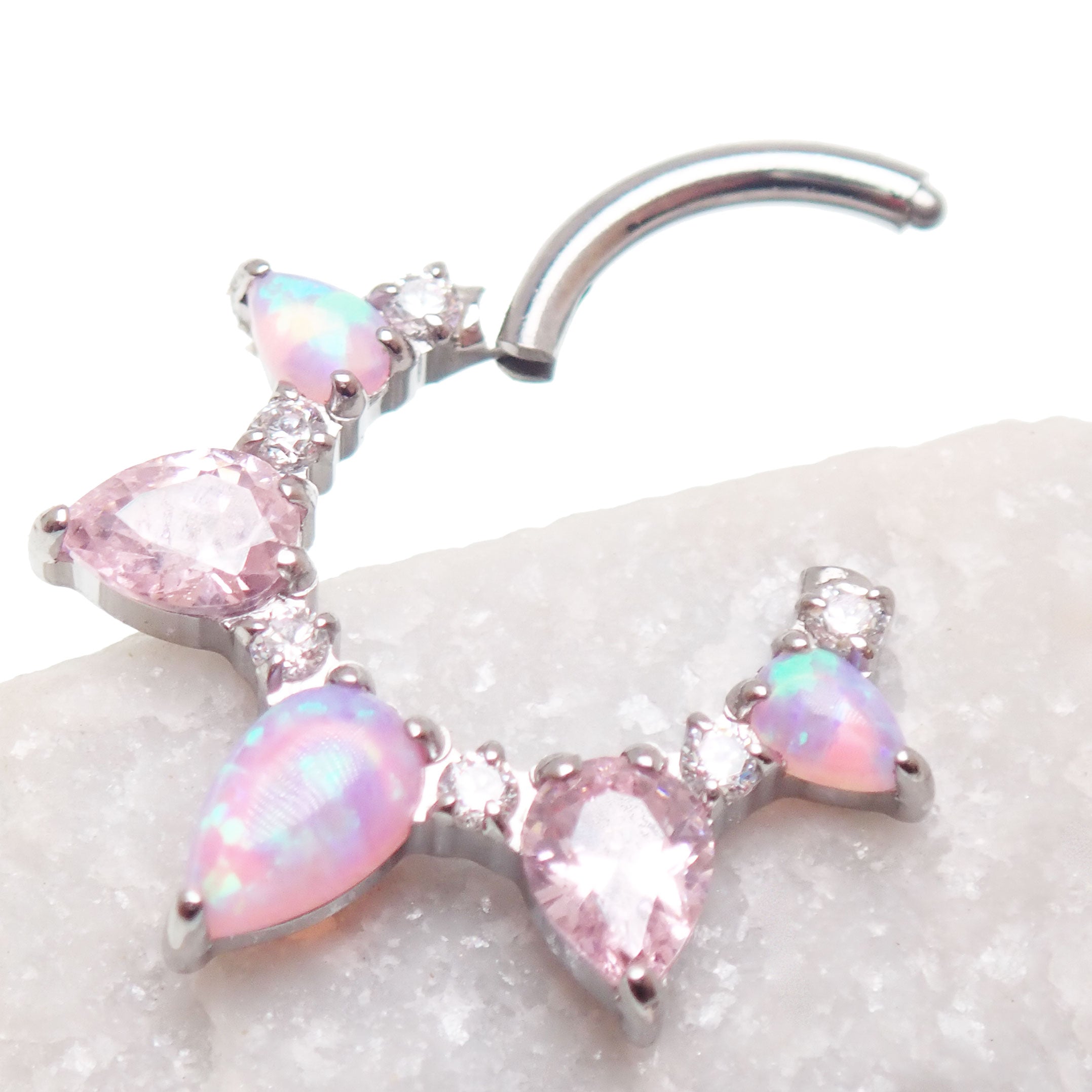 Bubblegum Opal CZ implant titanium clicker piercing in 16g body jewelry with sparkling gemstone and sleek design