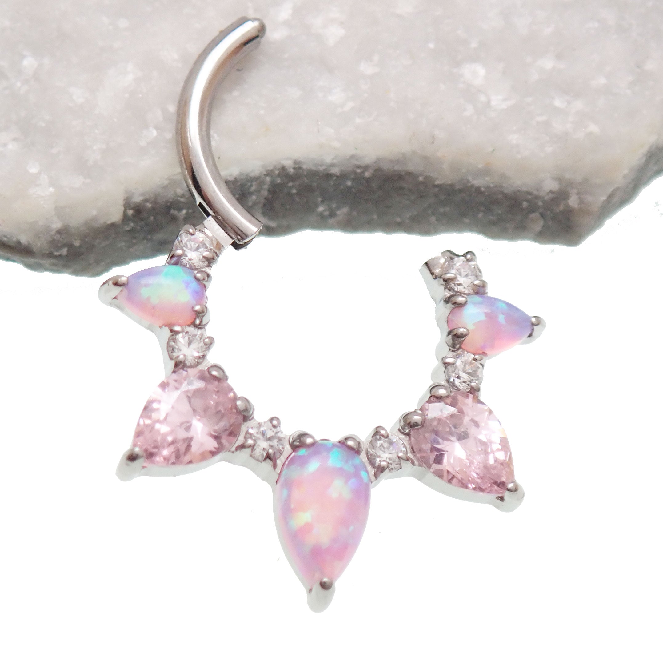 Bubblegum Opal CZ titanium clicker piercing in 16g body jewelry with implant design and sparkling gemstone detail.
