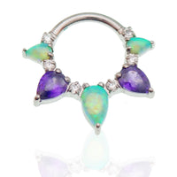 Titanium clicker piercing with 8mm kiwi opal and amethyst stones, 16g body jewelry for ear or nose piercings.