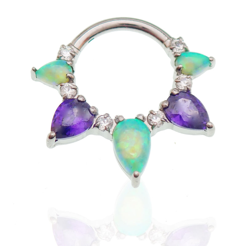 Titanium clicker piercing with 8mm kiwi opal and amethyst stones, 16g body jewelry for ear or nose piercings.