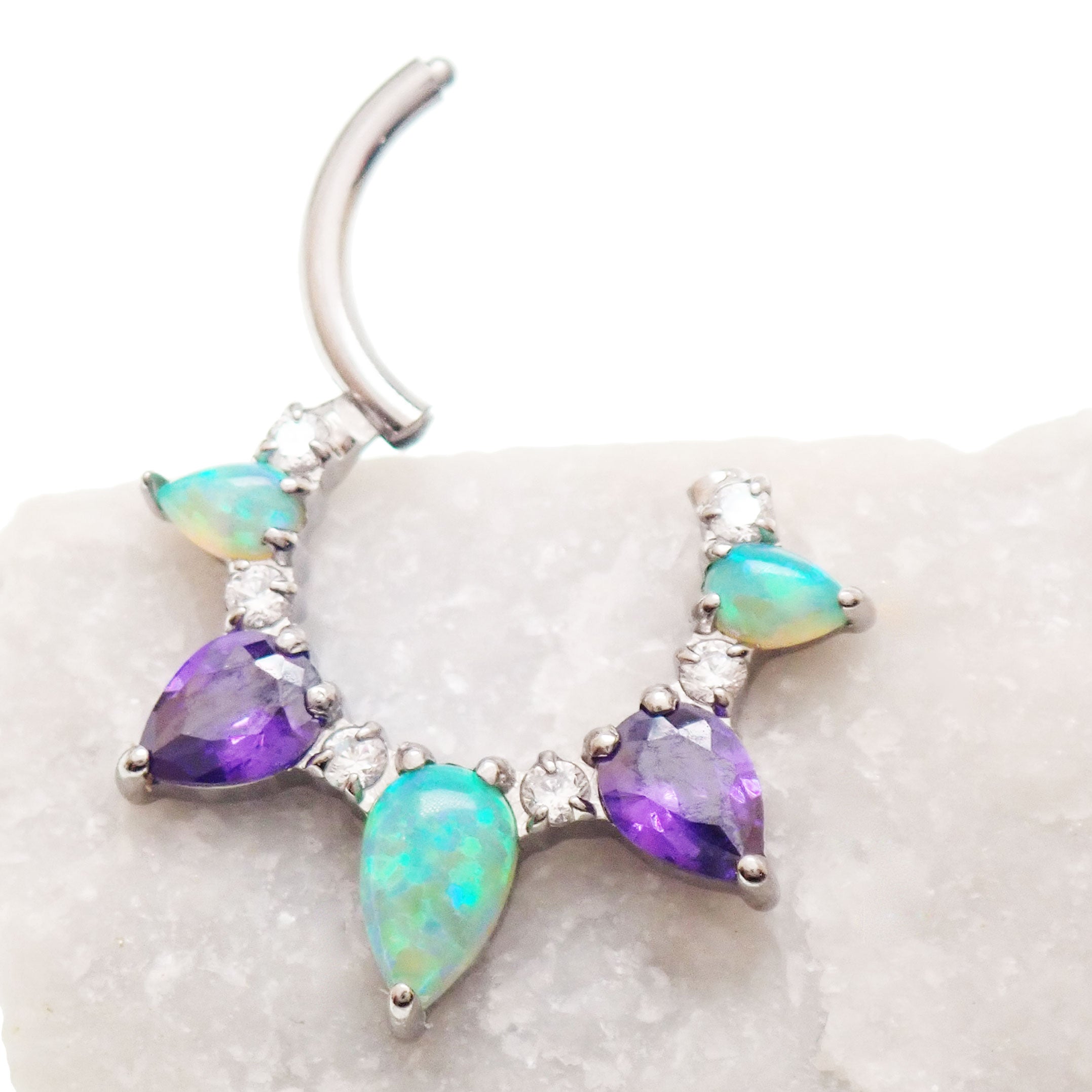 Titanium 16g Kiwi Opal Amethyst Implant Clicker piercing, body jewelry with colorful gemstones and sleek design
