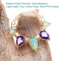 Kiwi Opal and Amethyst PVD gold implant titanium clicker piercing in 16g body jewelry with colorful gemstone accents.