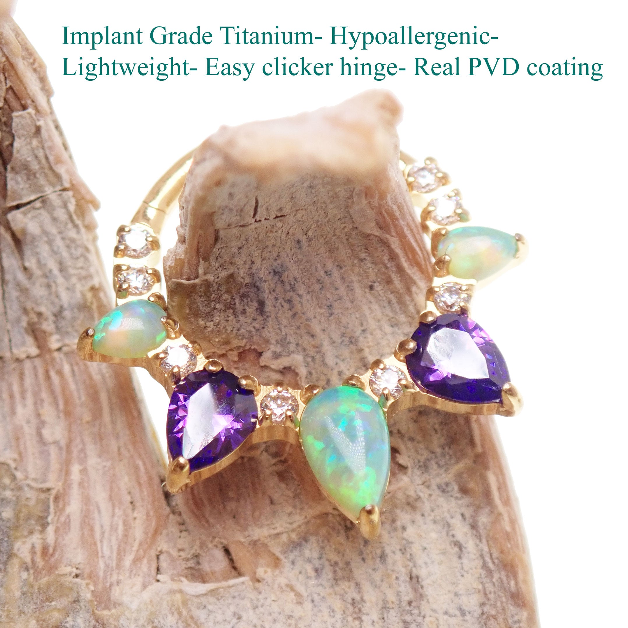 Kiwi Opal and Amethyst PVD gold implant titanium clicker piercing in 16g body jewelry with colorful gemstone accents.