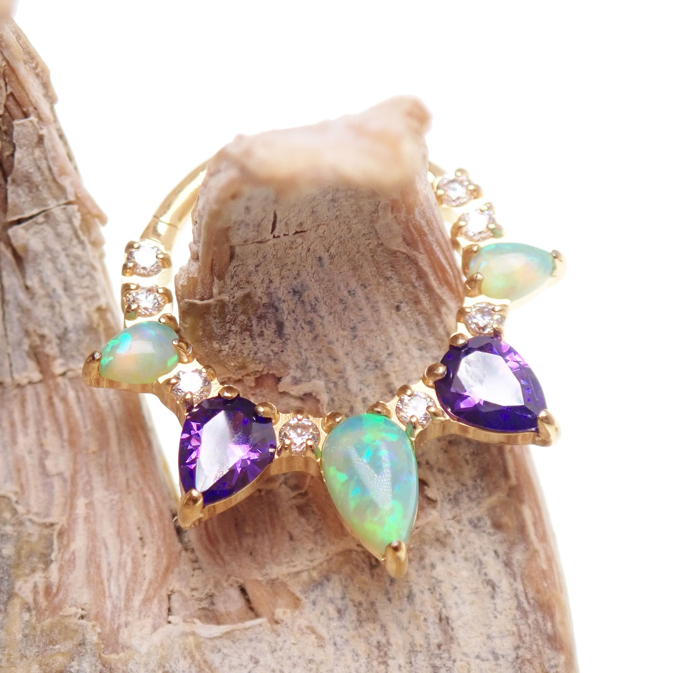 16g Kiwi Opal Amethyst PVD gold implant titanium clicker body jewelry with vibrant stones and sleek gold finish.