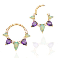 Body jewelry 16g Kiwi Opal Amethyst PVD gold implant titanium clicker piercing showing the decorative gemstone design.