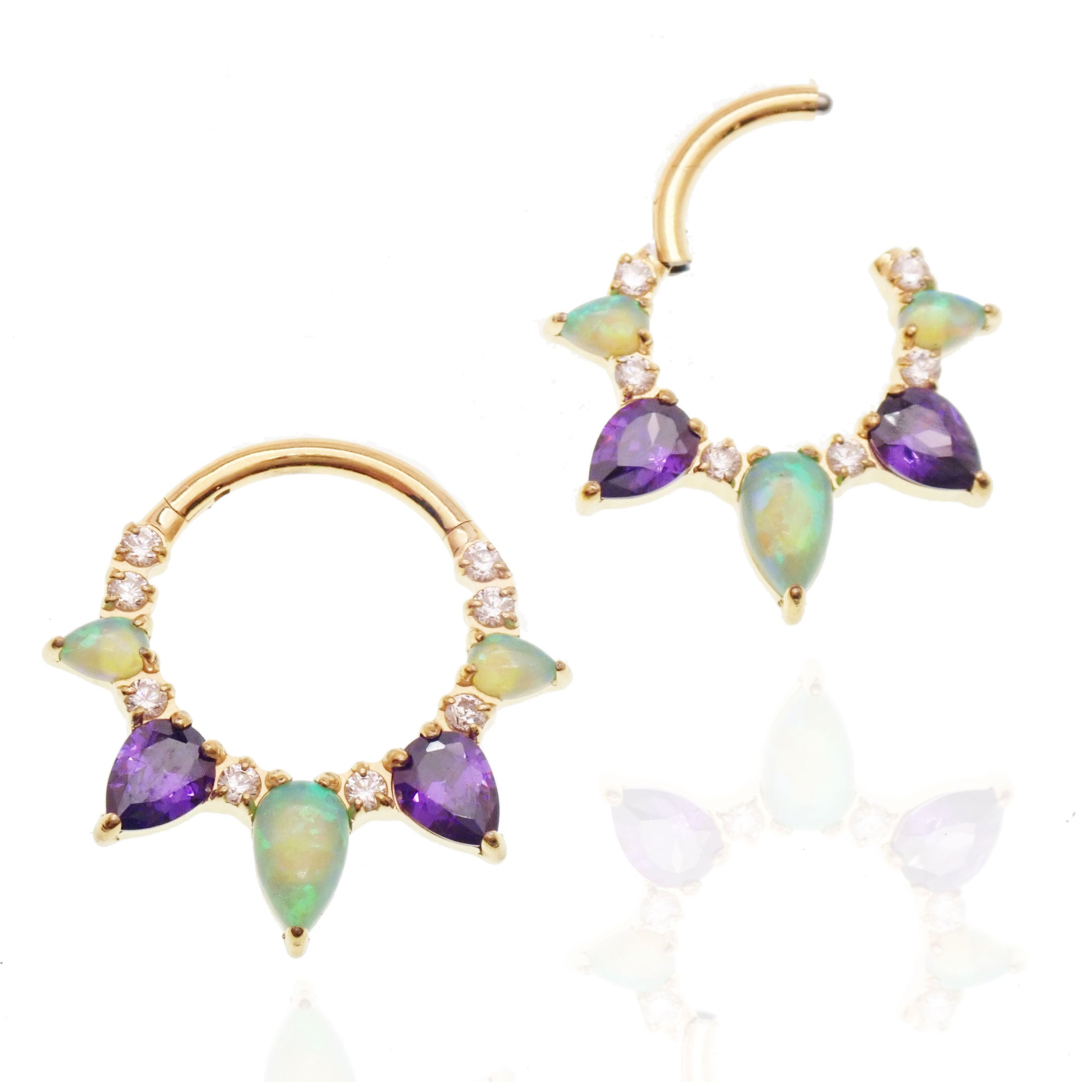 Body jewelry 16g Kiwi Opal Amethyst PVD gold implant titanium clicker piercing showing the decorative gemstone design.