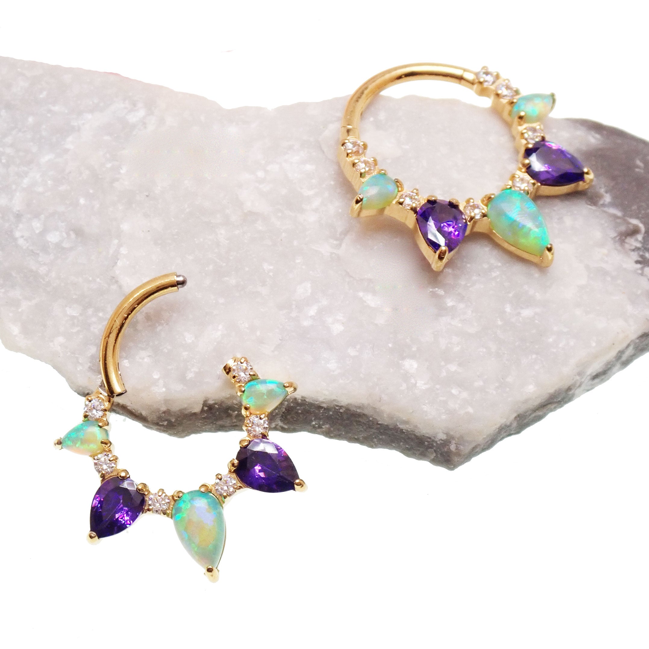 Kiwi Opal Amethyst PVD gold implant titanium clicker piercing, 16g body jewelry for ear or body piercing.