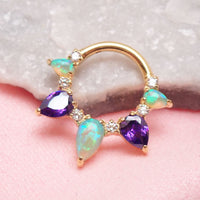 14g Kiwi Opal Amethyst PVD gold implant titanium clicker body jewelry for piercing, featuring colorful gemstones and sleek design.