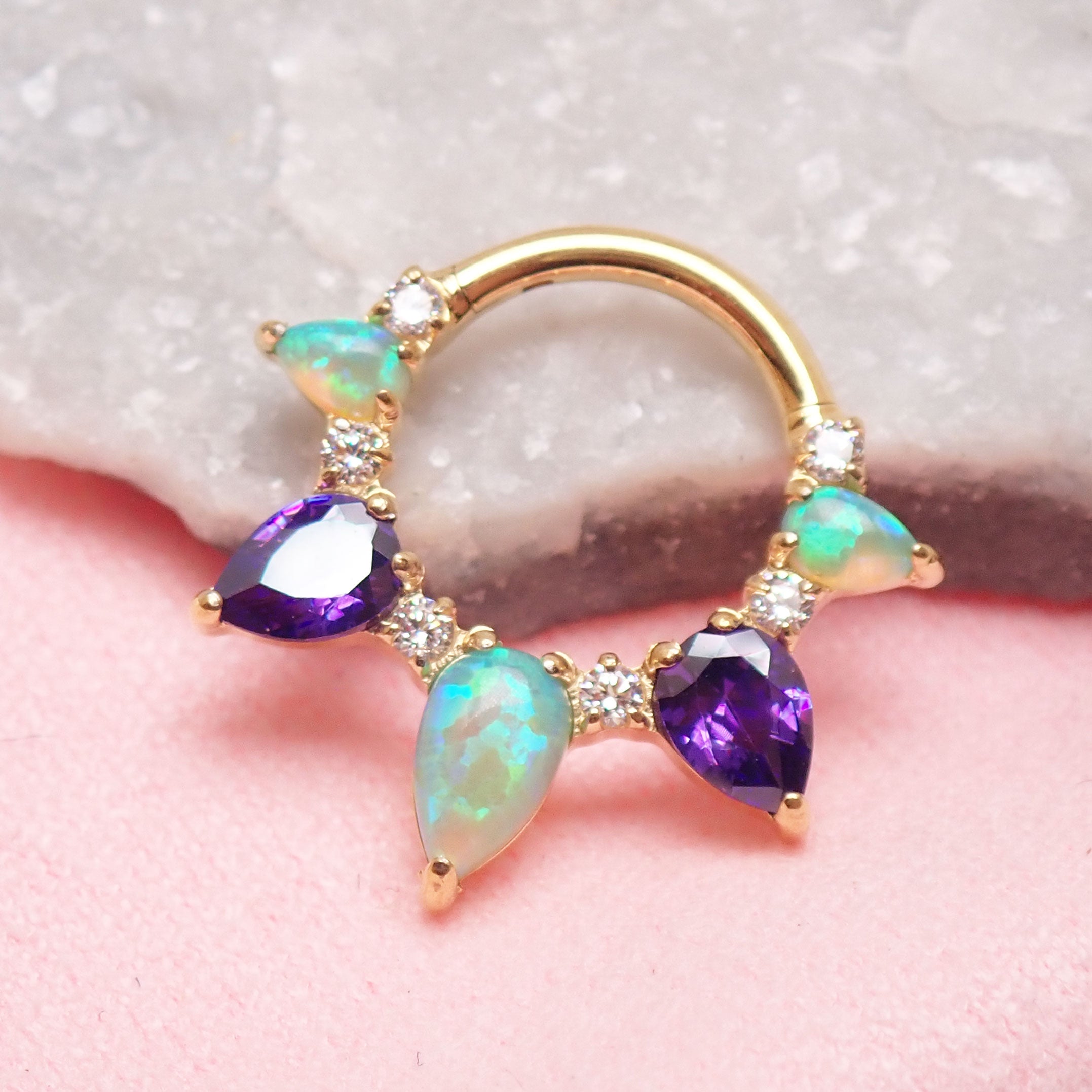 14g Kiwi Opal Amethyst PVD gold implant titanium clicker body jewelry for piercing, featuring colorful gemstones and sleek design.