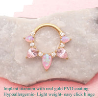 Pink Opal PVD gold titanium clicker piercing, body jewelry with 8mm gemstone and sleek gold-toned design for body piercing.