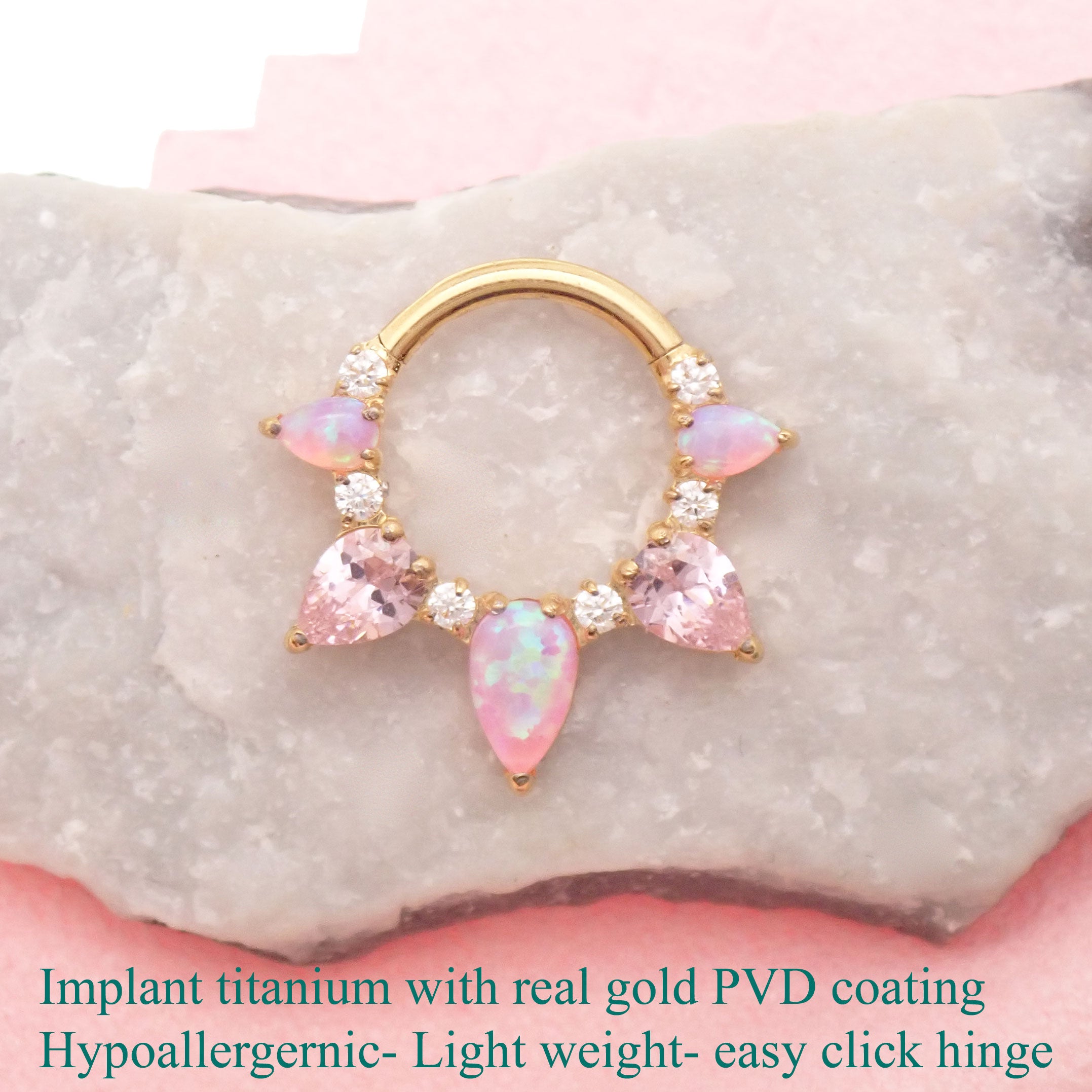Pink Opal PVD gold titanium clicker piercing, body jewelry with 8mm gemstone and sleek gold-toned design for body piercing.