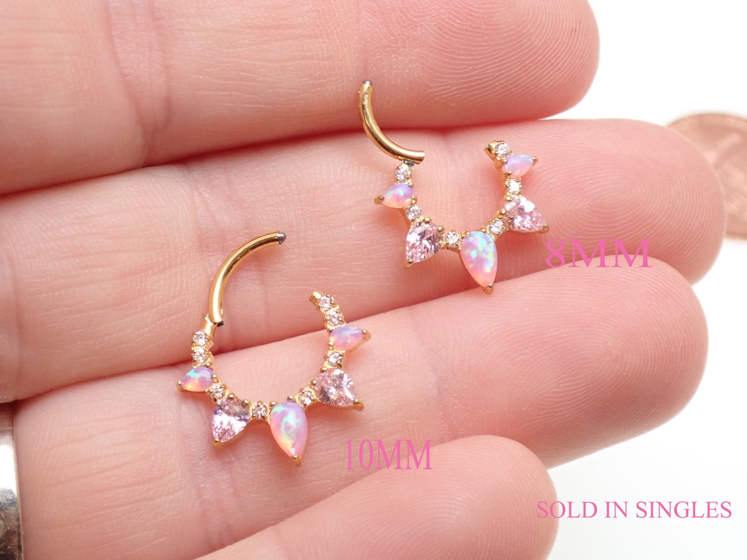 Pink Opal PVD gold titanium clicker piercing, body jewelry with 8mm gemstone and sleek gold-toned design.