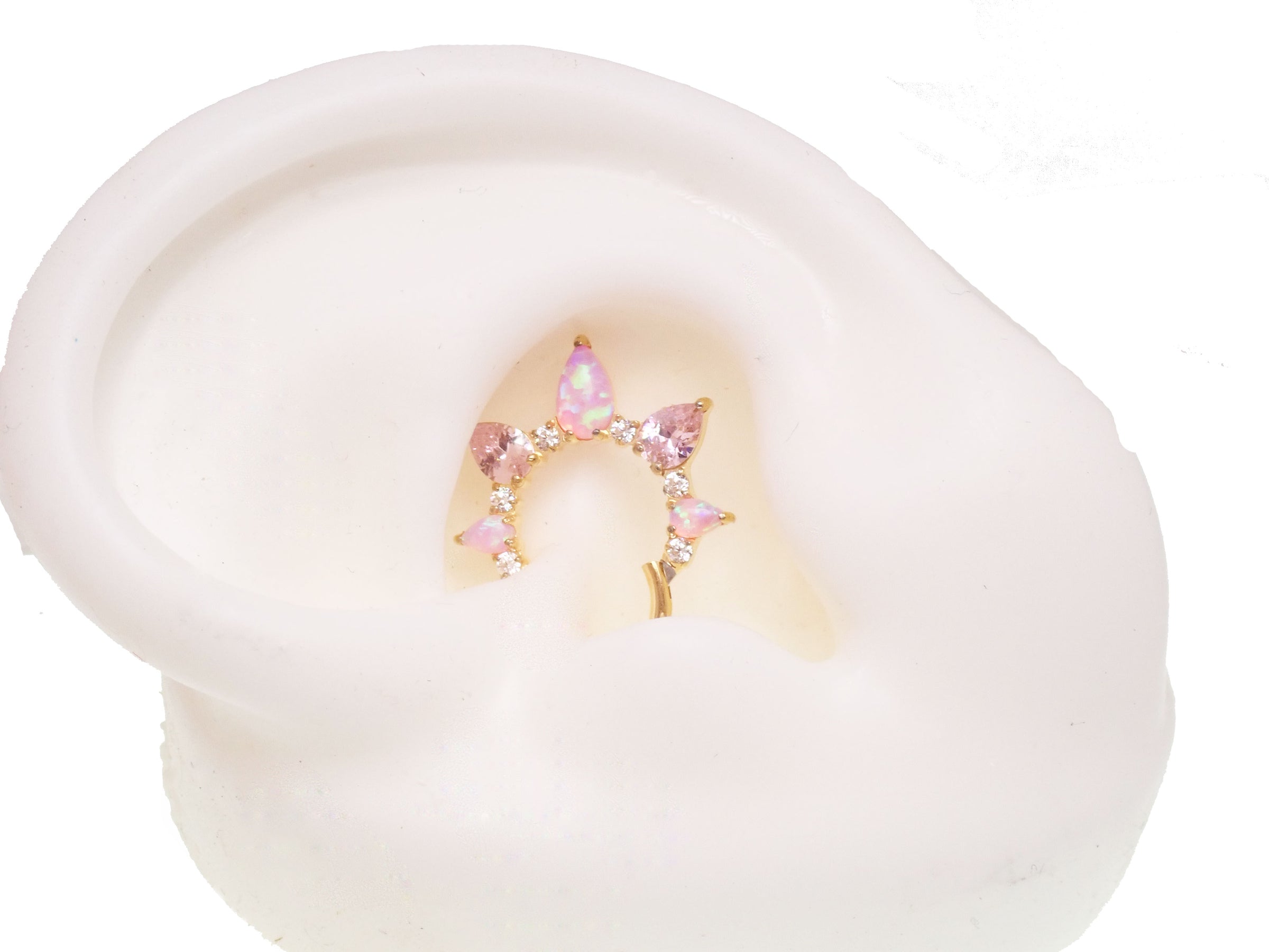 Pink Opal PVD gold titanium clicker piercing, body jewelry with 8mm pink opal for stylish ear or body adornment.