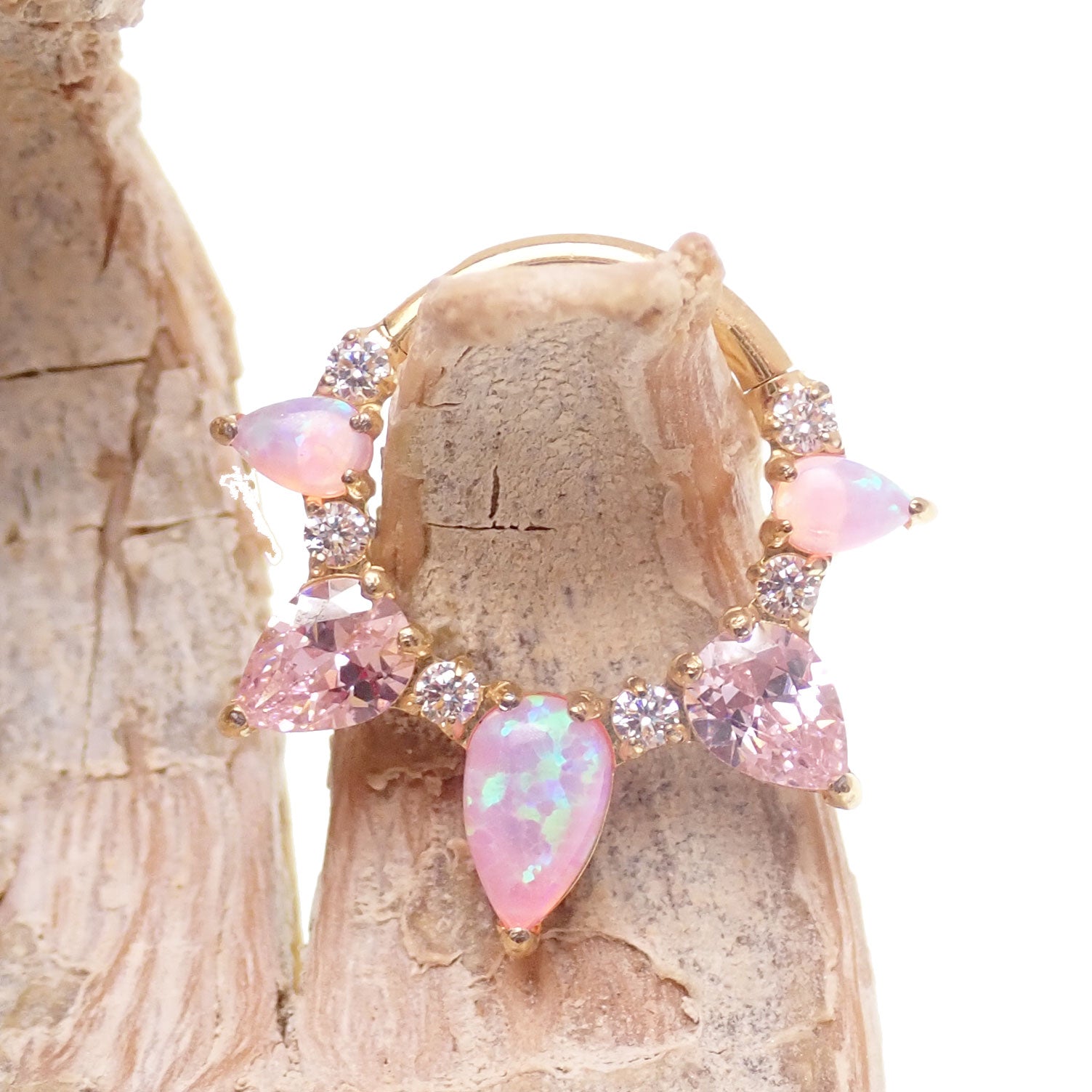 Pink opal PVD gold titanium clicker piercing, body jewelry with 8mm gemstone and sleek gold-tone design for body adornment.
