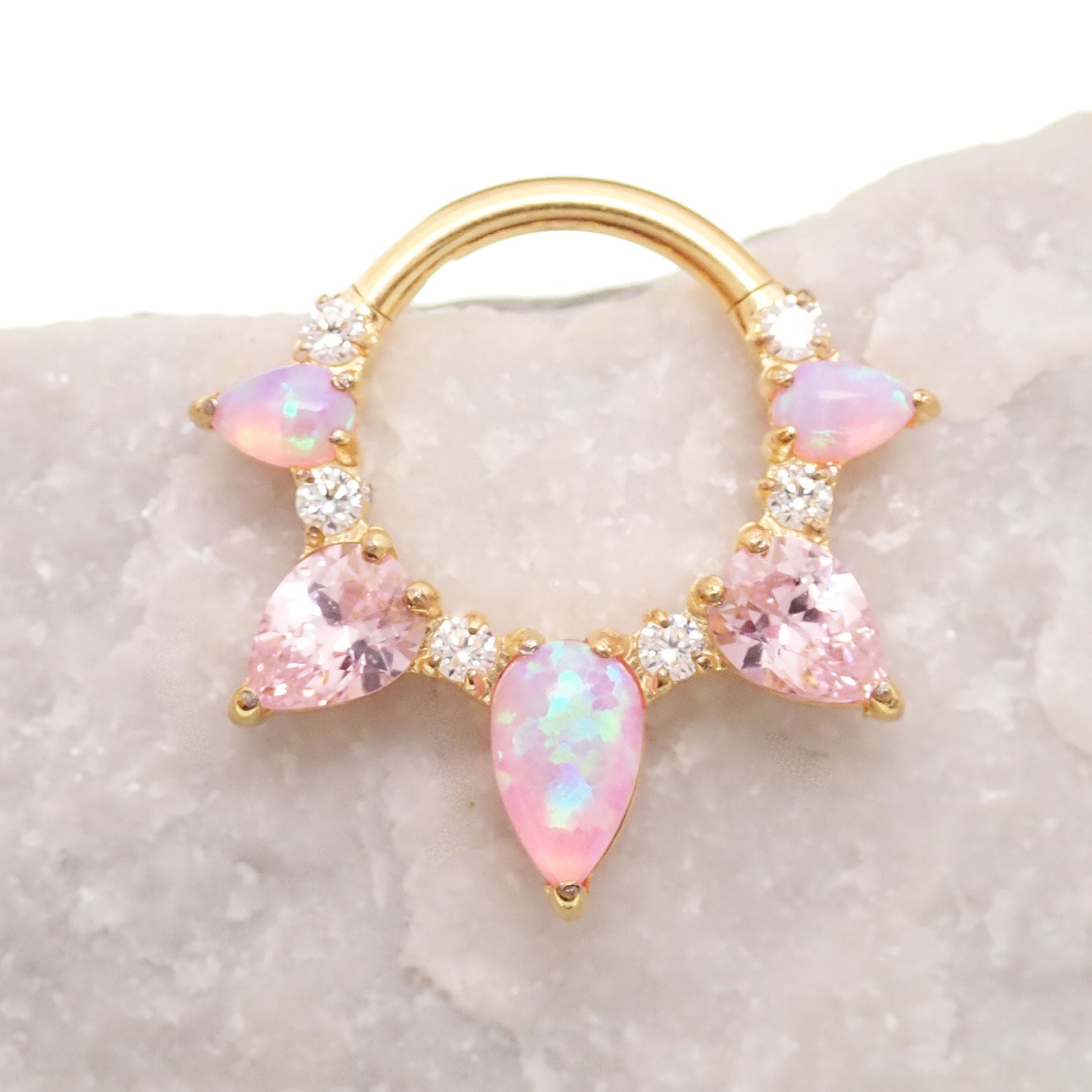 Pink Opal PVD gold titanium clicker piercing body jewelry with an 8mm pink opal gemstone and sleek gold finish