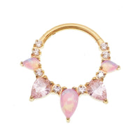 Pink opal PVD gold titanium clicker piercing for body jewelry, featuring an elegant 8mm pink opal stone and sleek gold-tone finish.
