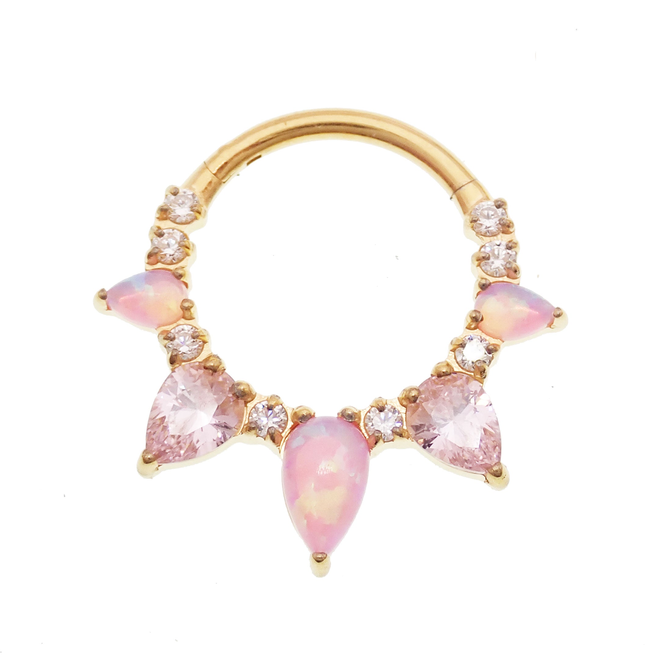 Pink opal PVD gold titanium clicker piercing for body jewelry, featuring an elegant 8mm pink opal stone and sleek gold-tone finish.