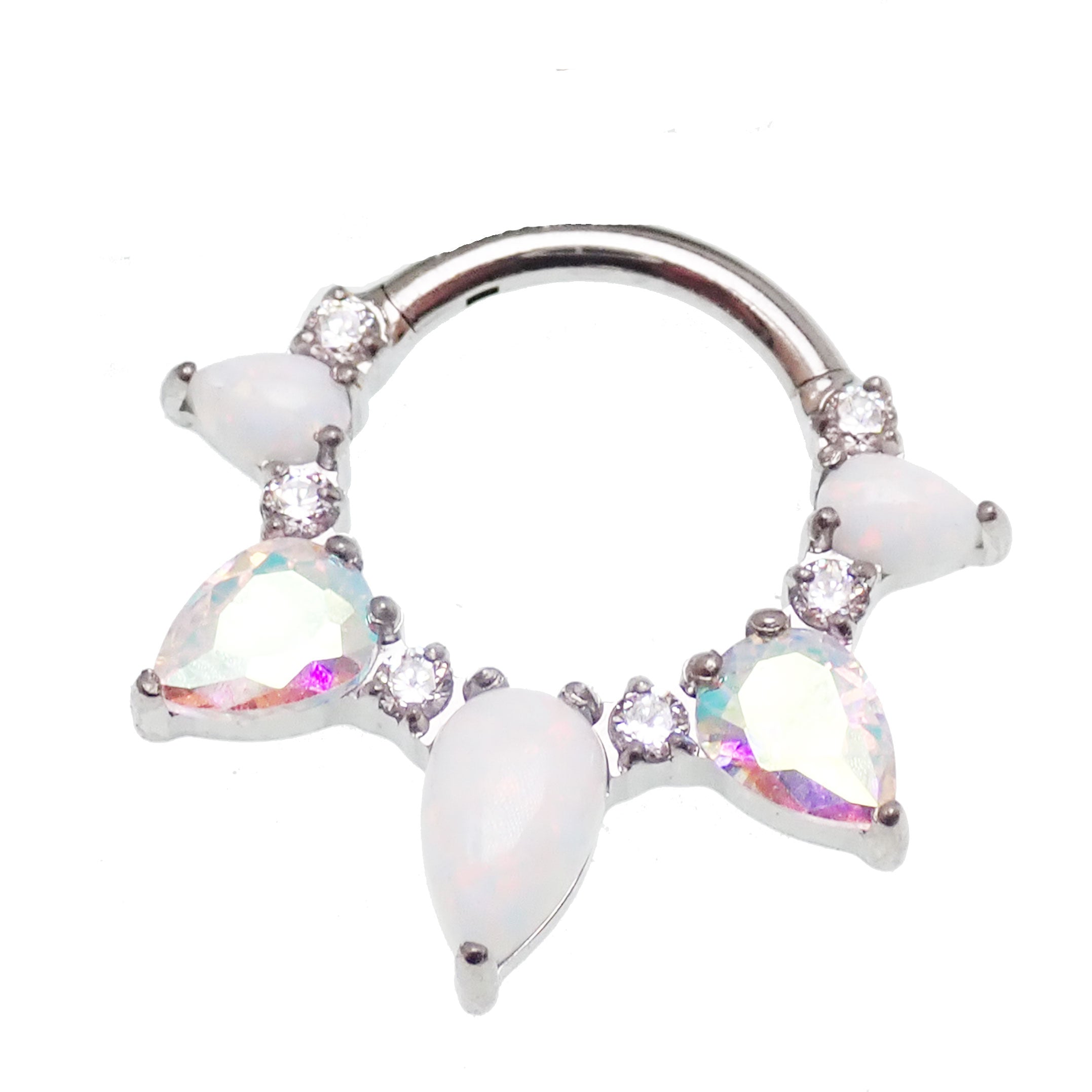 White Opal AB CZ implant titanium clicker piercing in 16g body jewelry with a sleek design and sparkling gemstone details.