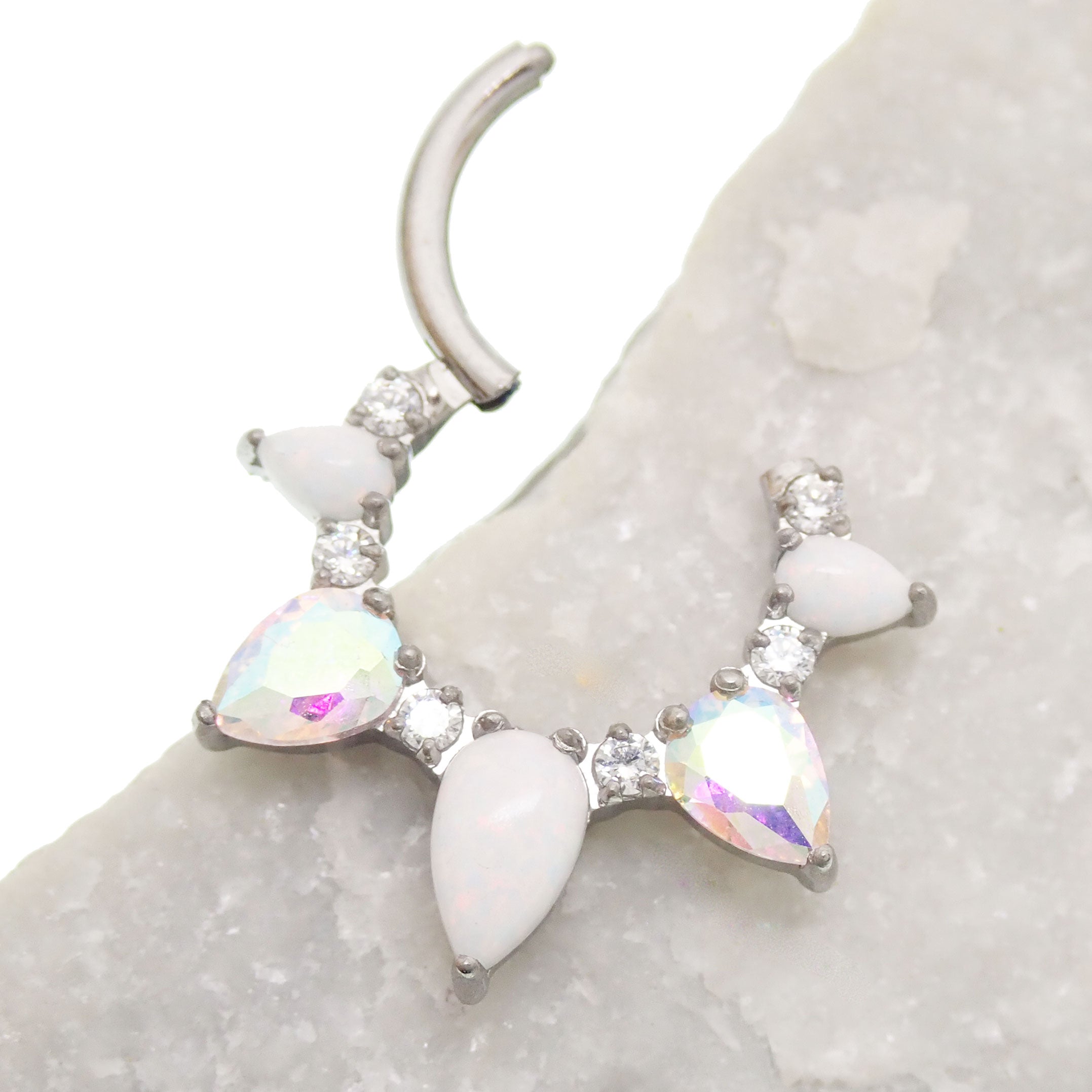 White Opal AB CZ implant titanium clicker piercing in 16g body jewelry, featuring a sparkling white opal and CZ stones.