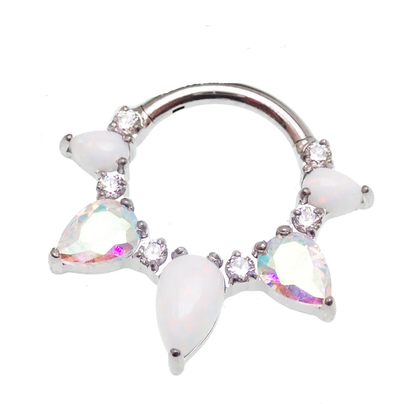 White Opal AB CZ implant titanium clicker piercing in 16g body jewelry, featuring an elegant gemstone and sleek design.