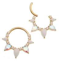 White opal PVD gold implant titanium clicker piercing in 16g body jewelry with 8mm gemstone, featuring a sleek, modern design.