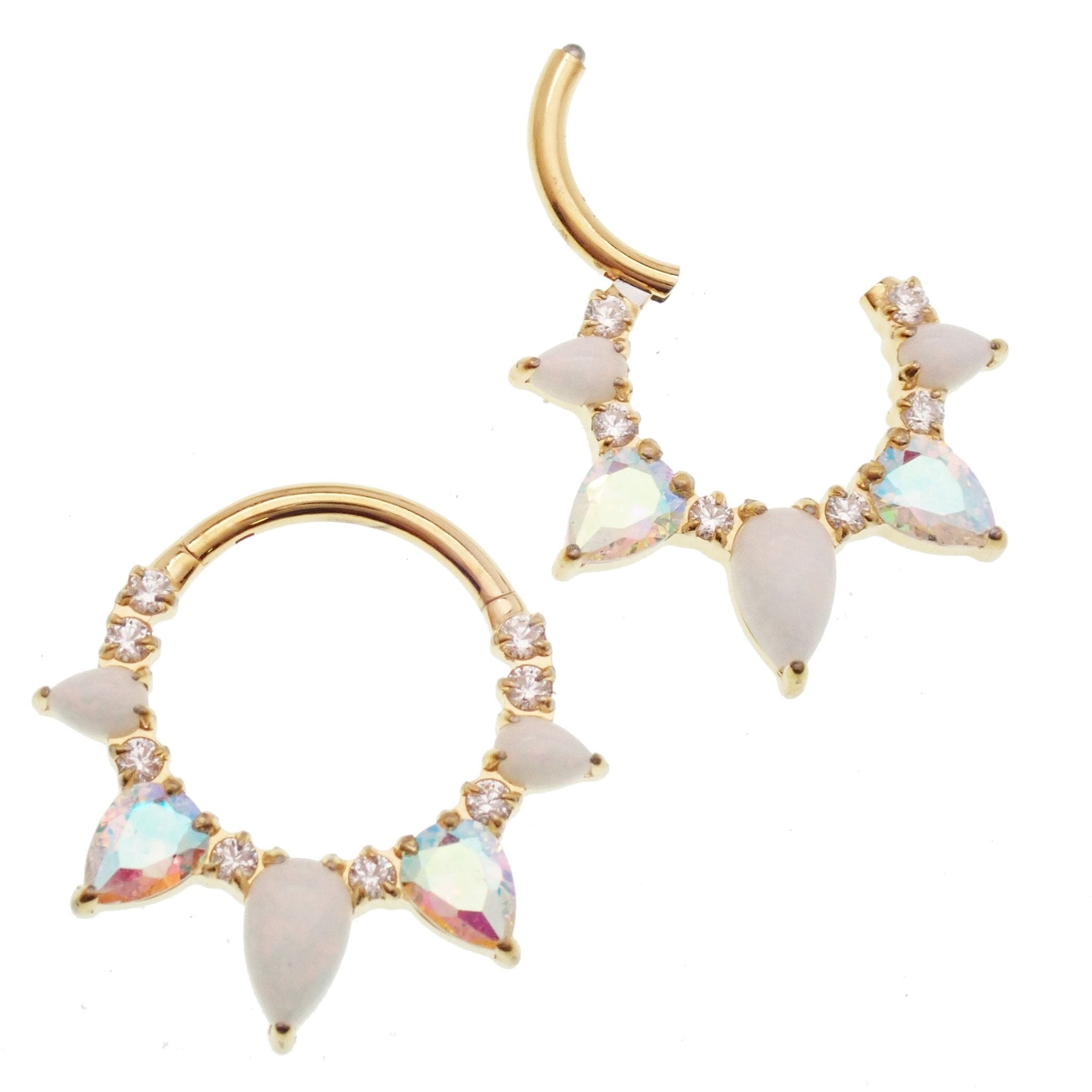 White opal PVD gold implant titanium clicker piercing in 16g body jewelry with 8mm gemstone, featuring a sleek, modern design.
