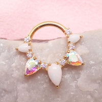 White opal PVD gold implant titanium clicker piercing in 16g body jewelry with 8mm opal stone and clicker design.