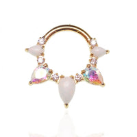 White opal PVD gold implant titanium clicker piercing in 16g body jewelry with 8mm opal stone and gold finish.