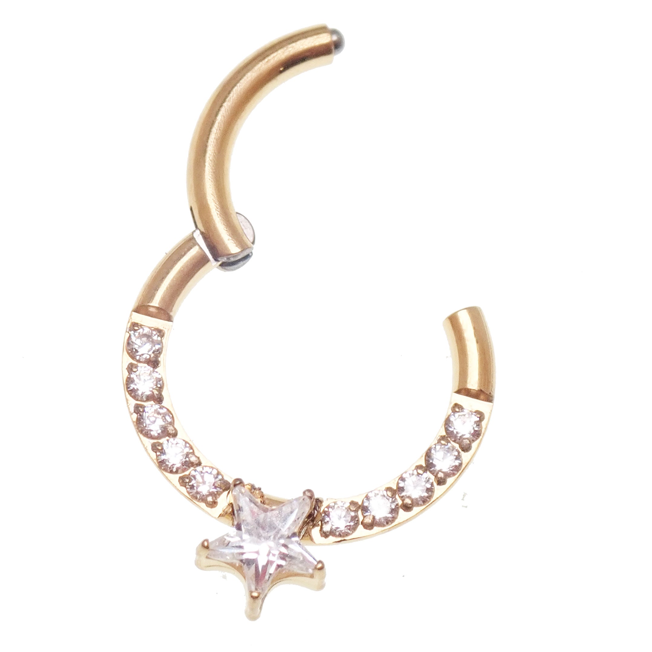 16g implant titanium PVD gold daith and septum clicker body jewelry with smooth curved design and secure click closure.